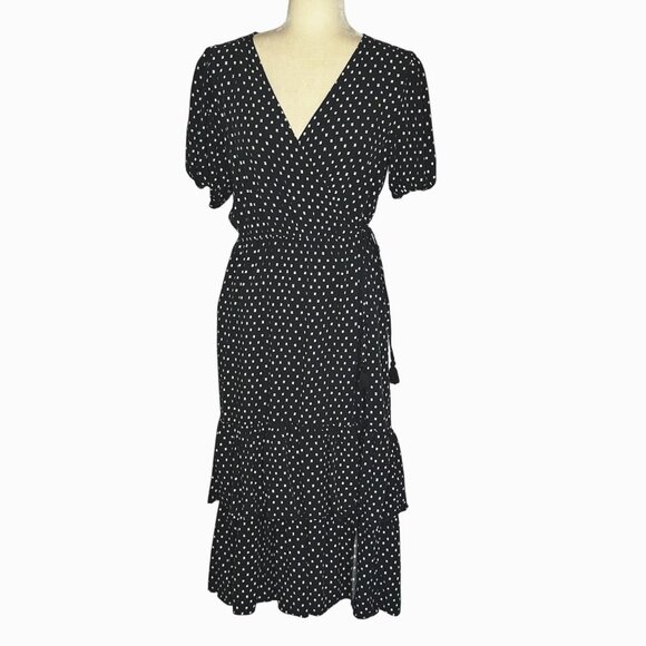 Knox Rose Black Wrap Midi Dress Medium Ruffle Hem Tassel Tie Geometric Print - Picture 1 of 10
